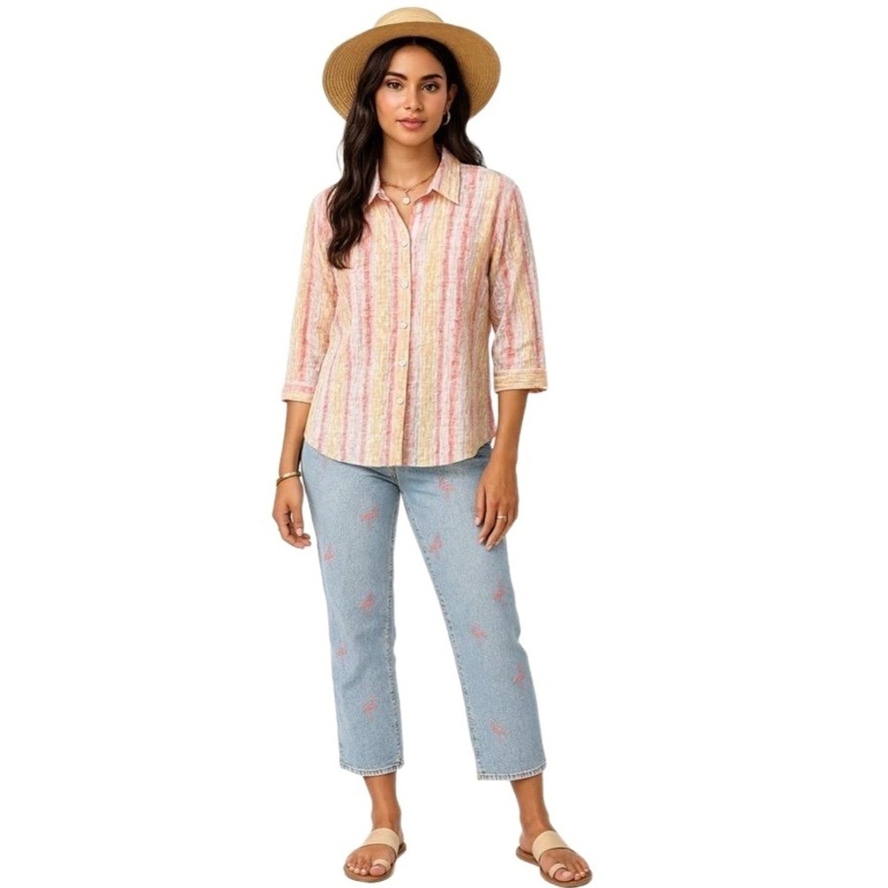 Vintage Y2K N Touch Floral Stripe Sheer Button Down 3/4 Sleeve Boho Retro M